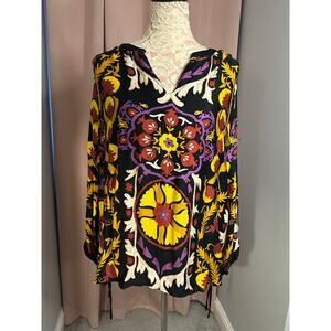 NWT Haute Hippie Plus Top Sz 1X Vibrant Boho Floral Ikat Print Black Multicolor
